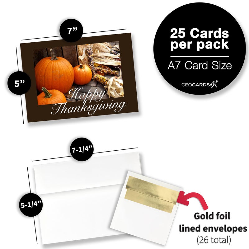 CEO Cards Thanksgiving Cards for Business & Family (Pumpkins & Corn) Greeting Card Set Pack of 25 Thanksgiving Cards with Envelopes (5x7 inch - A7) Great for Office, Work, Employees & Clients TH1511 - Image 3